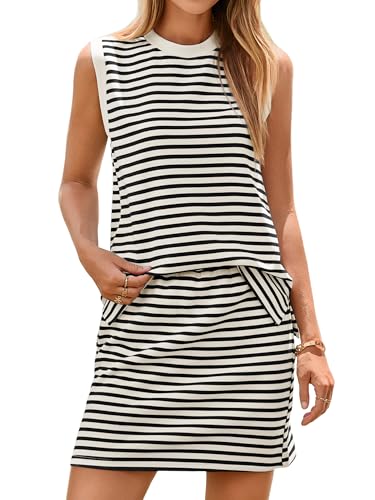 Glamaker Summer 2 Piece Short Skirt Sets For Women Striped Sleeveless Tennis Skorts Travel Vacation Outfit 2026 Black White M
