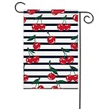 Moslion Cherry Garden Flag Nature Fruit Red Cherries with Green Leaves in Black White Stripes Flags Double-Sided Banner Welcome Yard Flag Outdoor Home Decor. Lawn Villa 12x18 Inch