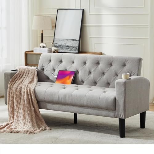 GRAVFORCE Sofa 2 Sitzer Couch mit 2 Ladeports und 2 Becherhaltern 157cm 2er Sofa Klein für Jugendzimmer, Wohnzimmer, Wohnung, Büro, Einfache Montage Stoff Hellgrau