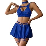Dessous Pyjamas Damen Lustige Spitze Schwarz BH Unterwäsche Set Solides Schürze Body Rollenspiele (B-Blue, M)