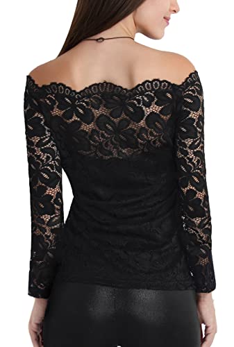DJT Womens Off The Shoulder Tops Sexy Floral Lace Long Sleeve Slim Fit Shirts Dressy Casual Party Clubwear Outfits3