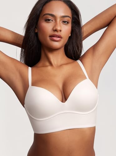 Image of DOBREVA Women's Push Up Wireless Bra Padded T Shirt Bras No Underwire Plunge Bralette