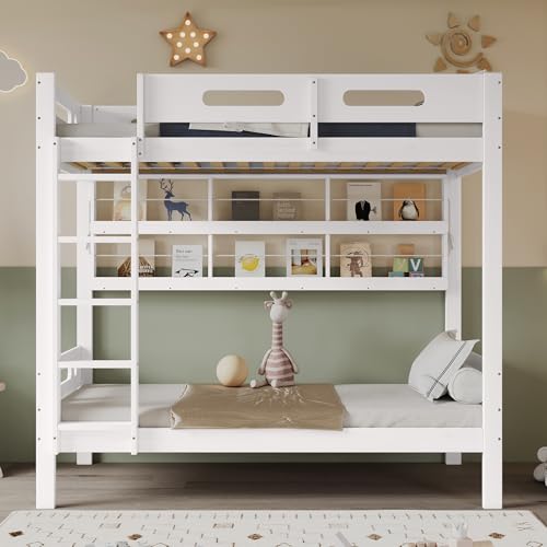 Litera 90x200 cmDe Pino con Escalera De 5 Peldaños, 2 Cajones Bajo Cama, Estante Abierto De Gran Capacidad Y Estructura Cama Litera para Habitación Juvenil Completa