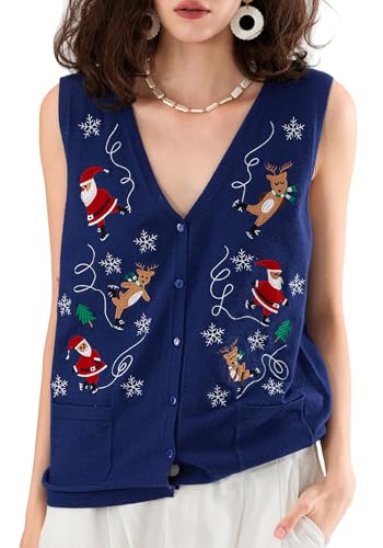 Image of KMBANGI Women Christmas Button Sweater Vest Embroidery Sleeveless Cardigan