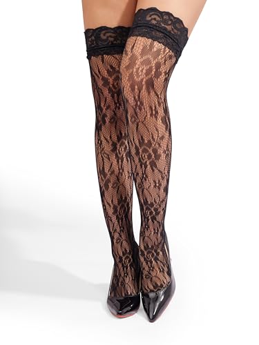 Image of Sacina Black Flower Lace Black Thigh High Stockings, Black Lace Stockings, Elastic Hosiery Tights, Gothic Accessories for Women