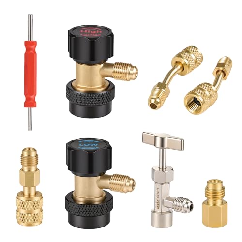 Orion Motor Tech AC Adapter Tool Kit 8-Piece AC Gauge Hose Conversion Adapter Set with R134a High/Low Quick Couplers Self-Sealing Can Tap R410 Adapters Valve Core Remover for Automotive HVAC Service