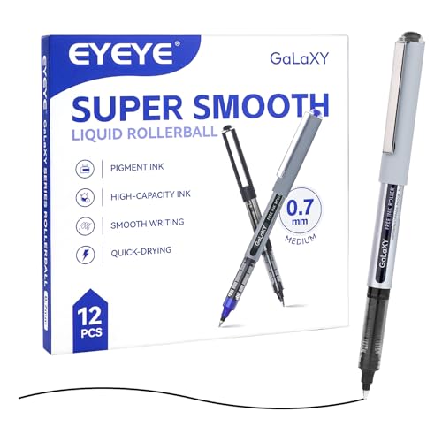 EYEYE Black Rollerball Pens 12 Pack 0.7mm Medium Point Fine Tip Pens Quick Dry Liquid Ink Pens Smooth Writing Pens for Journaling Note Taking Office School Supplies