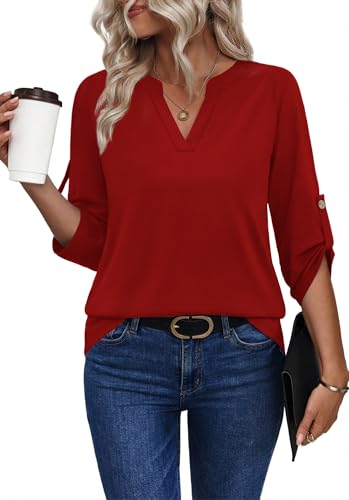 Image of XIEERDUO 3 /4 Length Sleeve Womens Tops V Neck T Shirts Both Side Buttons Blouses Business Casual Outfits Loose Fit