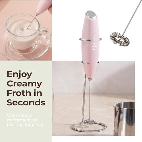 Image of Lifelong Handheld Milk & Coffee Frother with Stand | 2AA Battery-Operated, Stainless-Steel Whisk | Foamer for Coffee, Cream, Matcha, Egg Beater | Portable Kitchen Appliance for Whipping & Mixing(Pink)