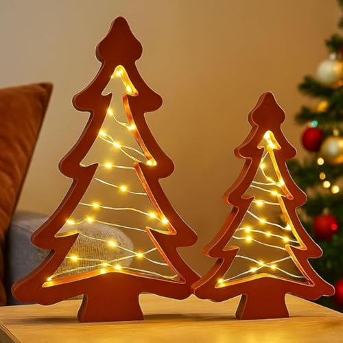 Weihnachtsdeko Holz Weihnachtsbaum mit LED Lichterkette, 2 Stück LED...