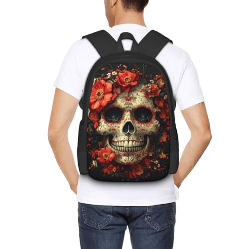 Image of Floral Skull Print Backpack For Men Women Lightweight Daypack For Daily Commutes Business Travel Hiking