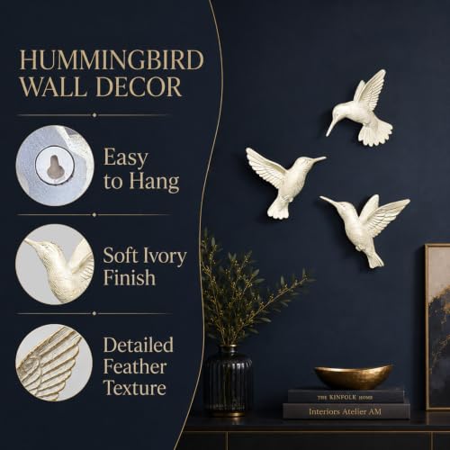 Image of GUSFREUD 3D Hummingbird Wall Decor Set - Gold Resin Bird Wall Decor for Living Room, Bedroom and Gallery Walls - Ivory Gold - Set of 3