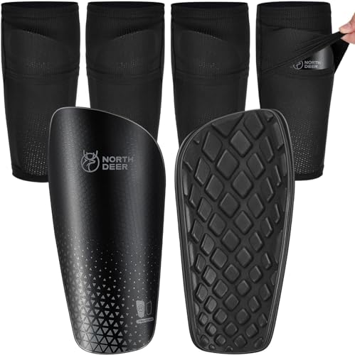 Northdeer Soccer Shin Pads for Teenager incl. 2 Pair of Sleeves with Optimized Insert Pocket - Protective Soccer Equipment for Kids Youth Adults (Black M)