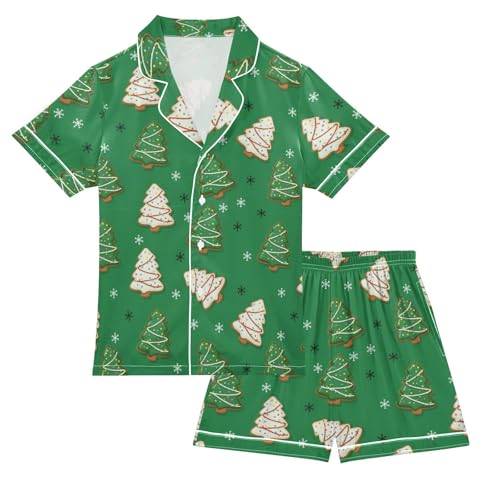 Satin Pajama Sets Short Sleeve Christmas Tree Cookies on Green Button Down Silky Nightwear 2 Piece PJS 5-14Y