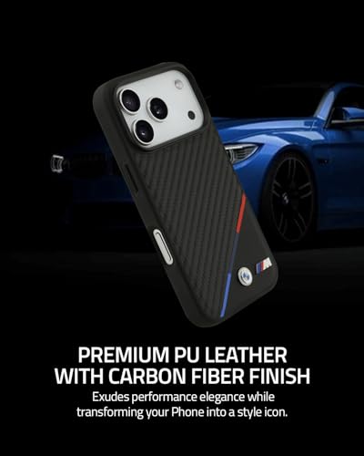 Image of CG MOBILE BMW [Official Licensed] Protective Case Designed for iPhone 17 Pro Max |Magnetic Compatible|M Collection|Pu Leather Case Carbon & Tricolor Stripe with Metal Logos -Black