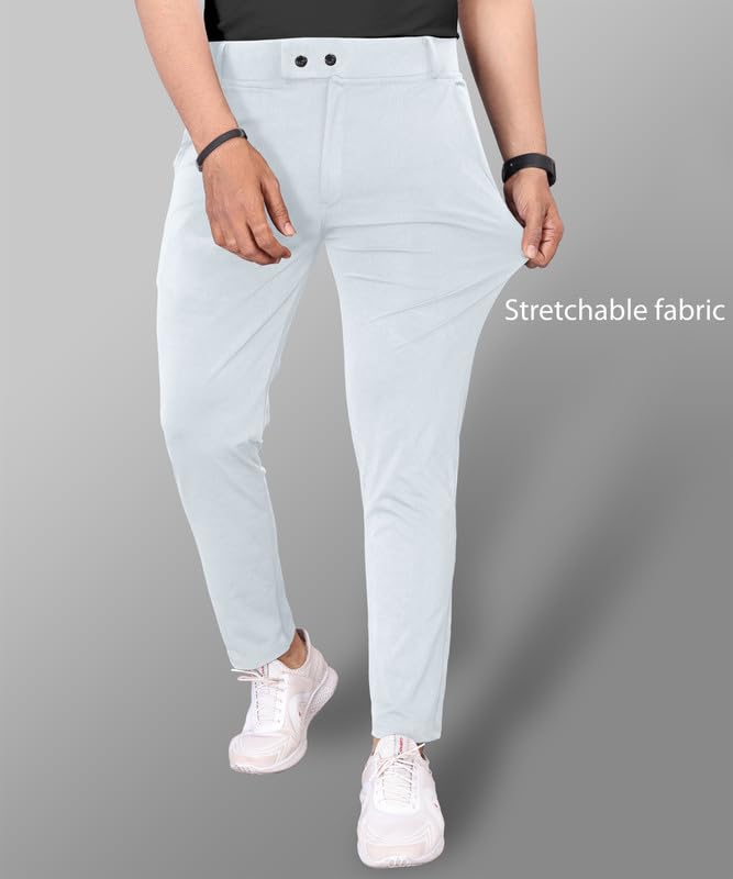 Image of MiraMichi Men's Slim Fit Stretchable Casual Mid Rise Trousers | Stylish Lycra Blend Pants for Office, Party
