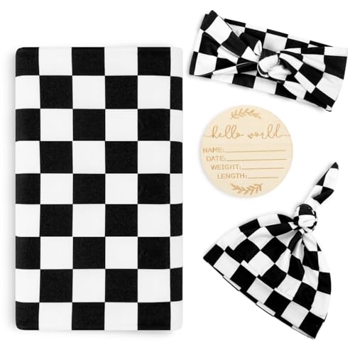 Image of TANOFAR 4-Pack Newborn Swaddle Blanket for Baby Girls & Boys, Ultra Soft Receiving Blankets with Matching Headband and Beanie Set Baby Nursery Swaddle Wrap, Black Checkerboard