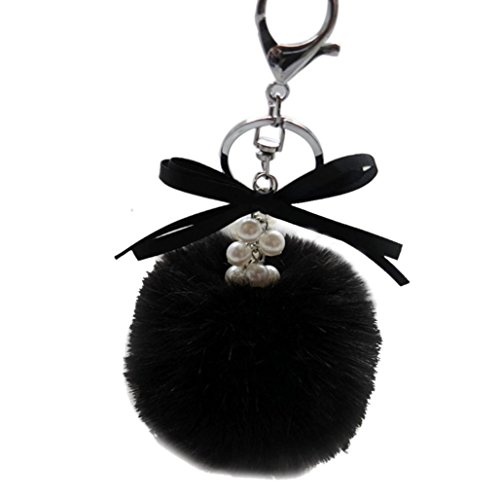 Bestpriceam New Real Fox Fur Ball with Inlay Pearl Rhinestone Key Chain for Womens Bag or Cellphone or Car Pendant (Black)