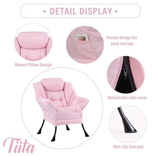 Image of Tiita Lazy Chair with Ottoman, Pink Modern Large Accent Chair, Comfy Leisure Sofa Armchair with Ottoman, Reading Chair with Footrest for Bedroom, Living Room, Dorm Rooms, Pink