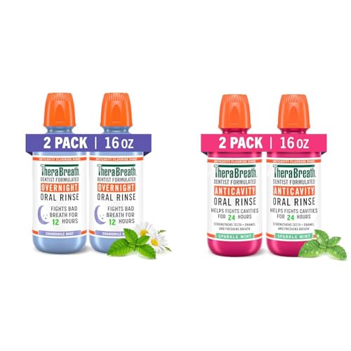 TheraBreath Overnight Mouthwash 2-Pack & TheraBreath Anticavity Fluoride Mouthwash 2-Pack, Dentist Formulated, Alcohol Free