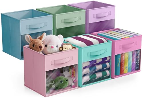 Image of Sorbus 11 Inch Storage Bins with Clear Window - 6 Foldable Baskets for Organizing Clothes, Toys, Books - Sturdy Collapsible Fabric Storage Cubes with Handle - Storage Baskets for Shelves, Closets