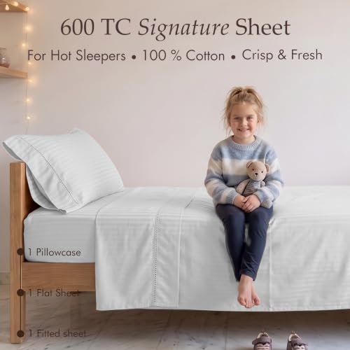 Image of Threadmill 600TC Cotton Twin XL Sheet Set, Sateen, Damask Stripe, White