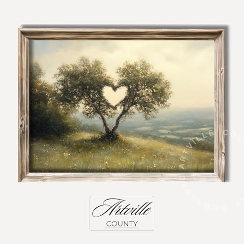 Heart Shape Tree Wall Art Spring Landscape Painting Valentines Day Wall Decor Antique Nature Print Romantic Art