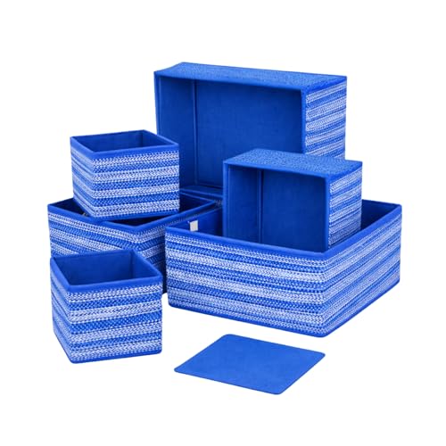Image of DALUCI 6 Piece Foldable Clothing Storage Box Set | Cube Storage Bins and Dividers for Wardrobe Cloth Organizer for Storage Cupboard and Drawer Organizers for Shirts Pants Underwear Bras Socks (Blue)