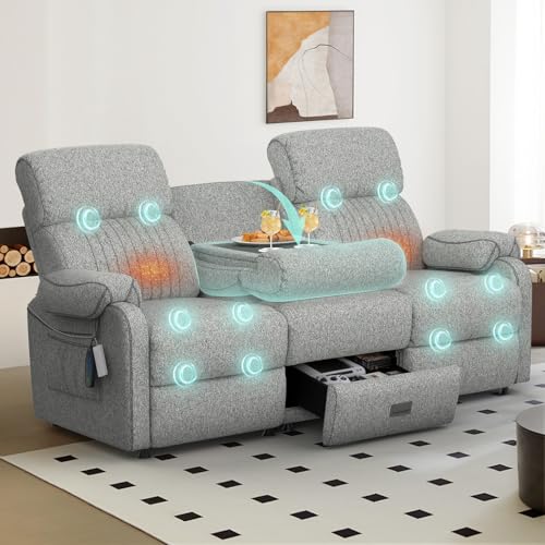 BareTay 3 Seater Recliner Sofa Recliner Chair Reclining Loveseat with Massage & Heat Flip-Down Console with Dual Cupholders Drawer Side Pockets Reclining Chairs Couchesfor Living Room