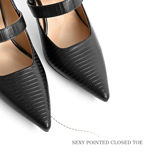 Women's Closed Pointed Toe Kitten Heel Mary Jane Pumps Elegant Leather Embossed Adjustable Buckle Strap Fashion Dress High Heels Stiletto Work Shoes3