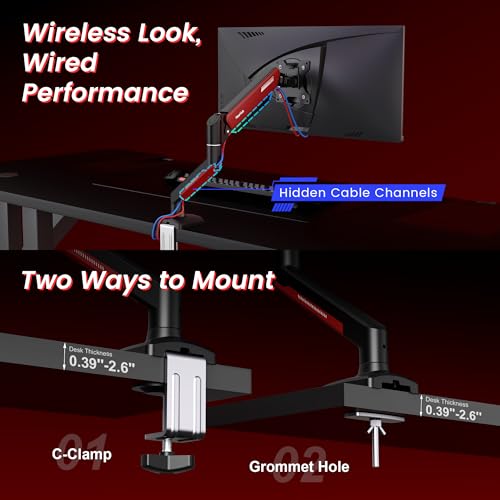 Image of NearHub Gaming Monitor Mount for Computer Screen 13-32 inch and up to 22 lbs,360 Rotation,+90 to -45 Tilt,180 Swivel,with C Clamp and Grommet Base,Integrated Cable Management,75x75 /100x100 VESA,RED