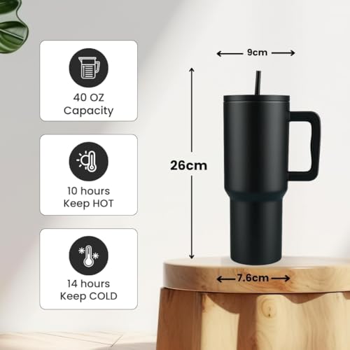 Image of VOLITO Personalised 1200ml Steel Insulated Tumbler with Straw | Personalized Tumbler + Crochet Flower Bouquet Gift for Birthdays, Weddings, Anniversaries - Gift for Women, Men, and Girls (BlackPetal)