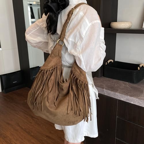 Image of Women Vintage Suede Fringe Hobo Bag Tote Shoulder Bag Crossbody Bag and Hippie Western Cowgirl Purse Shoulder Bag