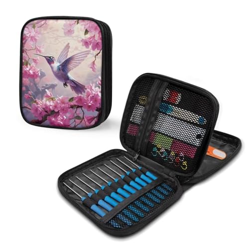 Image of Crochet Hook Case Pink Hummingbird Crochet Hook Holder Portable Crochet Hook Storage Bag with Web Pockets Suitable for Crochet Needles /Knitting Accessories