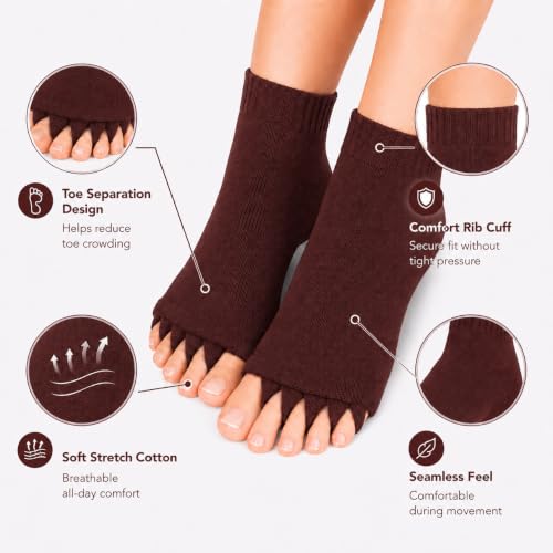 Image of Foot Alignment Orthopedic Cotton Socks for Men & Women | Five Toe Separator | Foot Pain Relief | Bunion Corrector | Plantar Fasciitis Support | Improves Posture & Flexibility | Free Size | Brown | 1 Pair