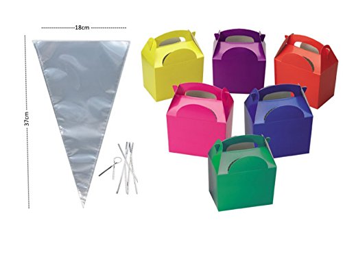 MustBeBonkers x10 Birthday Party Food Plate Boxes With Clear Sweet Cone Bags And Tie (Mixture)