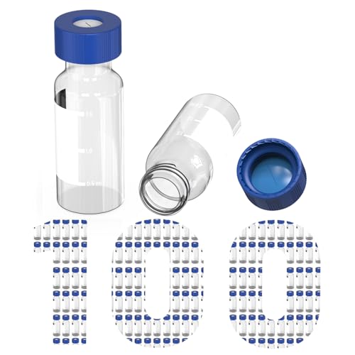 2mL Clear Autosampler Vials, HPLC & GC Sample Vials with Write-on Spot and Graduations, 9-425 Blue Polypropylene Screw Cap, Pre-Slit Blue PTFE & White Silicone Septa, 100 Pack