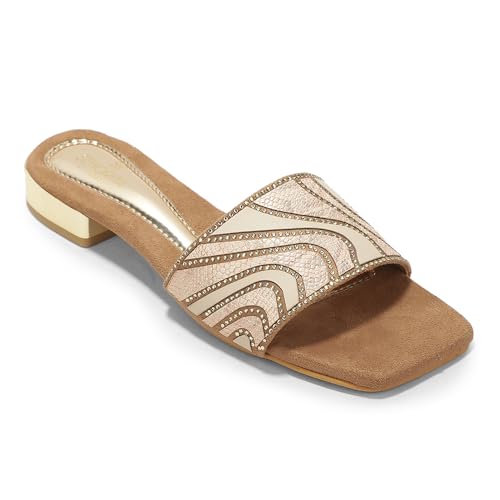 Image of Liberty Senorita STY-153E Sliders for Women - Beige & Black Flat Slip-On Slides | Soft Cushioned Footbed, Lightweight Everyday Fashion Footwear for Casual, College, Office, Festive