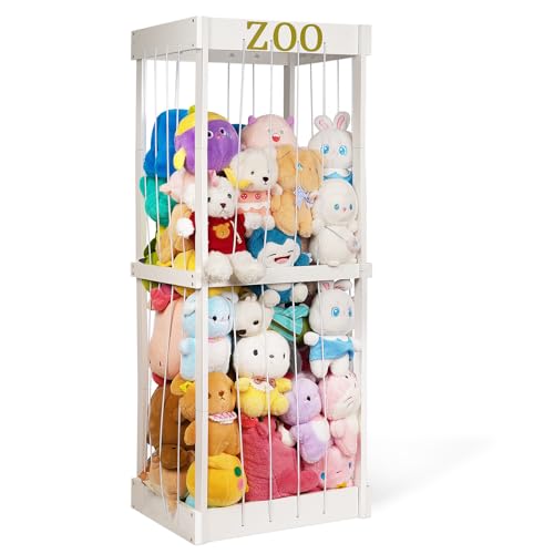 Image of Trycooling Stuffed Animal Zoo Stuffed Animal Storage Wood Plushie Storage Stuffed Animals Zoo Storage Cage with Zoo Pattern Elastic Band for Nursery Play Room Bedroom (White)