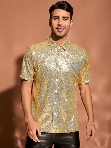 Lars Amadeus Sequin Shirts for Men's Glitter 70s Disco Shirt Button Down Short Sleeve Metallic Tops2