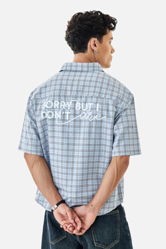 Image of SNITCH Men Casual Shirt | Box Fit Half Sleeve Point Collar Check Pattern with Back Text | 100% Cotton Lightweight & Breathable Fabric