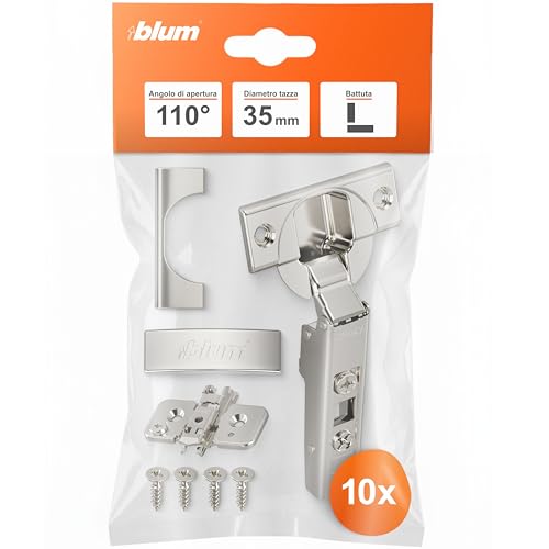 Blum - 10 cerniere per mobili, 110°, dritte con molla, viti, arresto angolare + clip blu eccentrica, piastra di montaggio a croce, acciaio, viti, distanza 0 mm