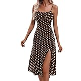 Robe d'été mi longue à pois et bretelles spaghetti avec fente latérale pour femme, robe caraco décontractée et tendance, robe d'été mi longue, tenue de vacances à la plage, marron, Taille XL