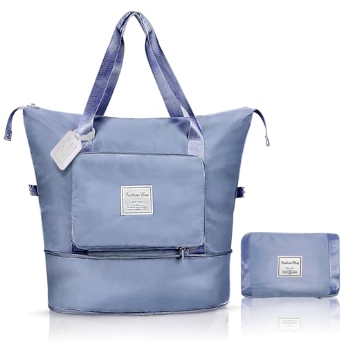 flintronic Reisetasche Damen, Faltbare Reisetasche, Sporttasche, Handgepäck Tasche, Wasserdicht Travel Bag Duffle Bag, Trainingstasche, Handtasche für Sport & Reisen (Mit 1 Gepäckanhänger)-Blau