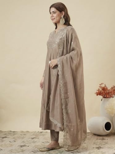 Image of MOKOSH Women's Silk Embroidery Anarkali Kurta Pant with Dupatta | Women's Anarkali Kurta Set | 3 Piece Ethnic Outfit with Dupatta | Round Neck Full Sleeve