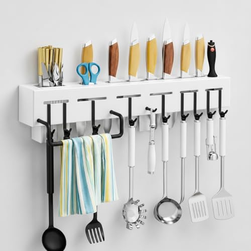 Image of JD FRESH Wall Mounted Kitchen Organizer Rack with 8 Hooks & Knife Holder /Space Saving Wall Shelf /Cutlery Holder Storage Rack /Multipurpose Kitchen Storage Shelf for Utensils, Spoons (White & Black)
