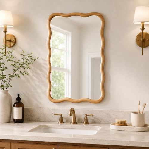 PERFNIQUE Scalloped Mirror, 34"x22" Wavy Bathroom Mirror, Solid Wood Frame