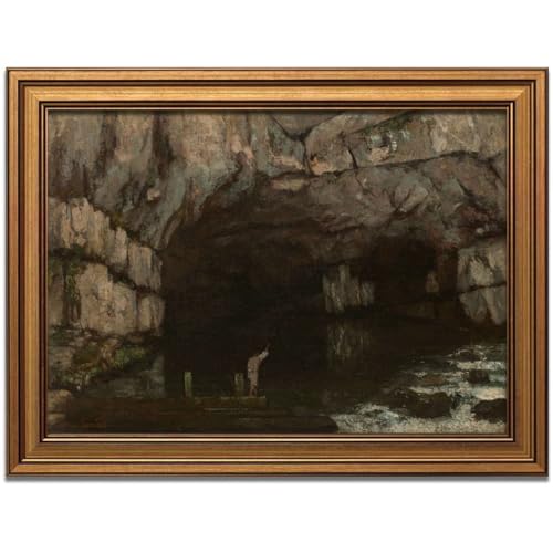 Cave Man Exploring Sea Cave Poster Vintage Gold Framed Canvas