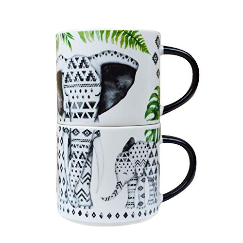 YoL Stacking Mugs Aztec Elephant Leaves Home Office New Bone China Coffee Tea 17.5oz