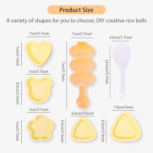 AQTAQ 7-Piece Onigiri Mold Musubi Set for Making Various Shapes of Onigiri|Sushi, Children's Side Dishes, Japanese Bento, Etc. Food Grade PP Material, Safe and Easy to Make Onigiri Sushi(Yellow) - Image 2
